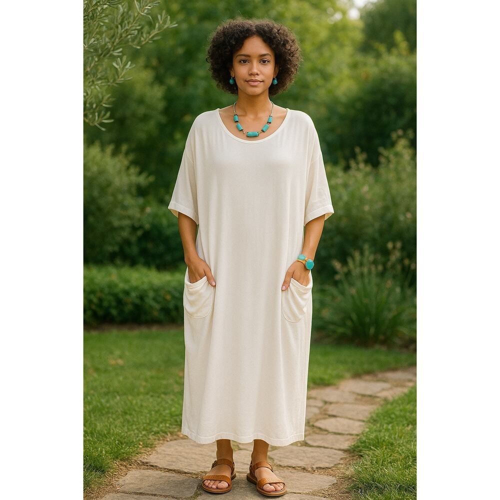 TYSA Designs Women’s Back Pleat 3/4 Sleeves Boat Neckline Caftan Size L White